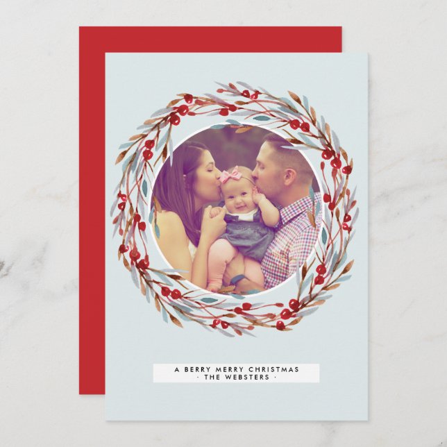 Berry Merry Round Frame Christmas Holiday Card (Front/Back)