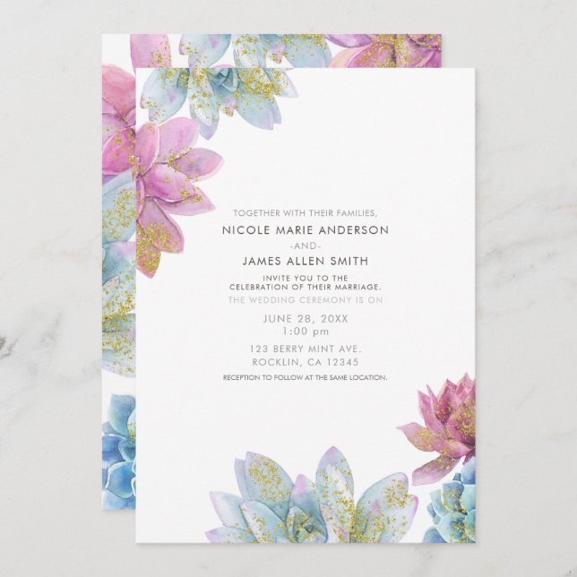 Berry Mint & Gold Garden Succulents Wedding  Invitation (Front/Back)