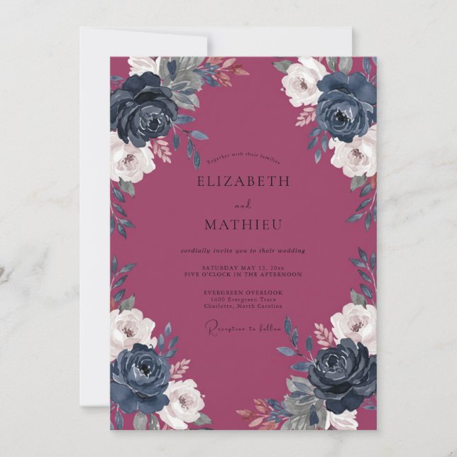 Berry Navy Peony Wedding Invitation (Front)