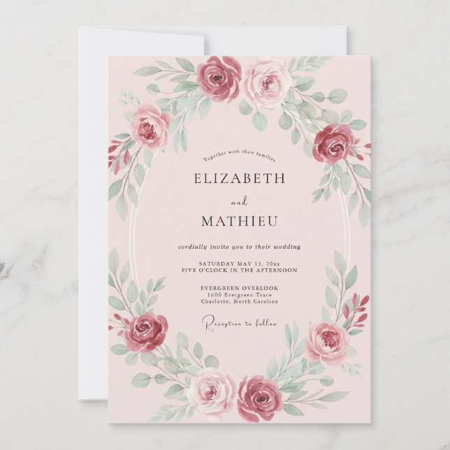 Berry Peony Sage Wedding Invitation (Front)