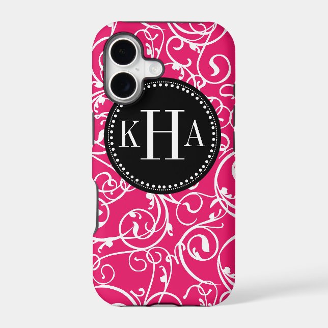 Berry Pink & Black Damask Custom Monogram Pattern (Back)