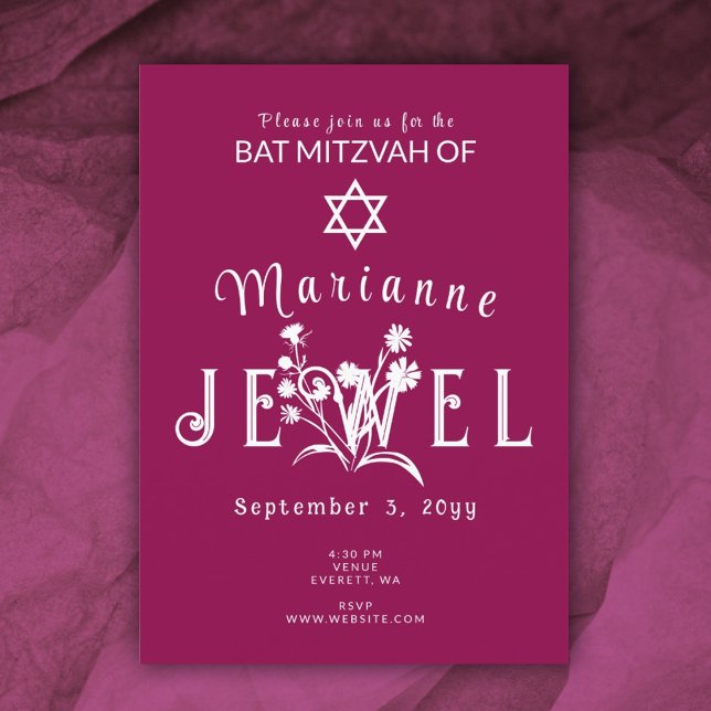 Berry Pink Botanical Bat Mitzvah Wild Flower Invitation (magenta pink burgundy bat mitzvah floral botanical invitation wild flowers)