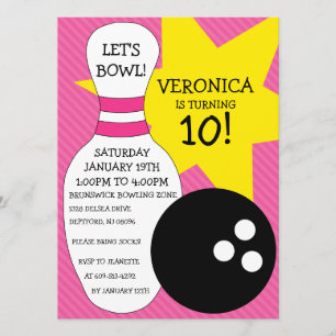 Berry Pink Bowling Bash Bowling Birthday Party Invitation