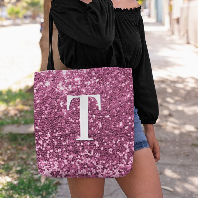 Berry Pink Faux Glitter Bokeh Sparkles Monogram Tote Bag (Berry Pink Faux Glitter Bokeh Sparkles Monogram Tote Bag)