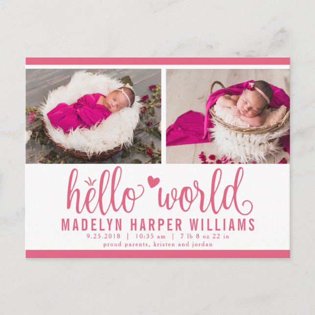 Berry Pink Hello World Photo Birth Stat Announcement Postcard (Front)