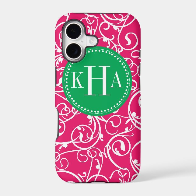 Berry Pink & Kelly Green Damask Monogram Pattern (Back)