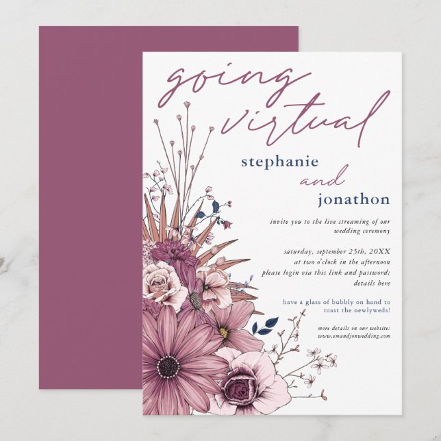 Berry Pink Lilac Watercolor Floral Virtual Wedding Invitation (Front/Back)