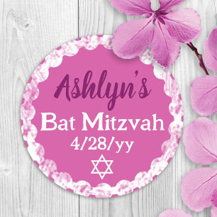 Berry Pink Personalised Bat Mitzvah Party Favour Classic Round Sticker