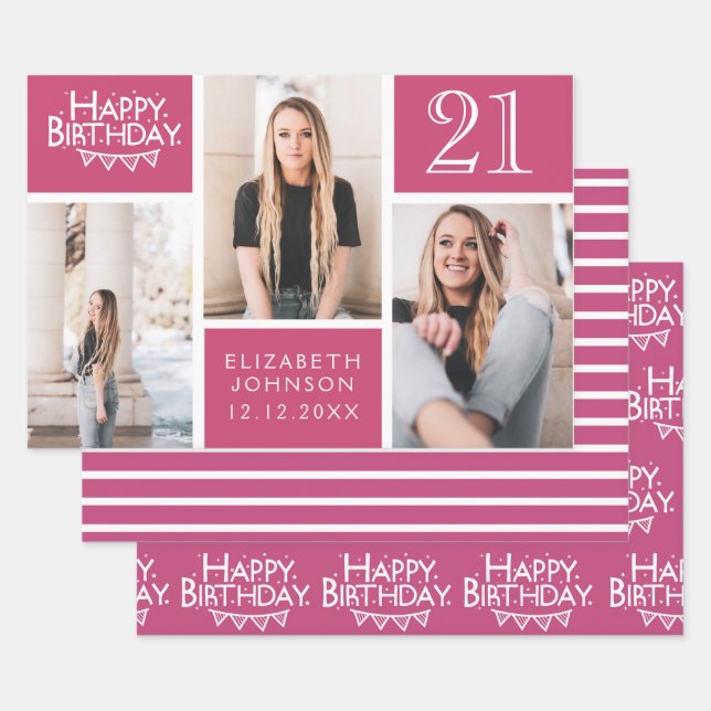 Berry Pink Photo Collage 21st Birthday   Wrapping Paper Sheet (Set)