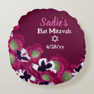 Berry Pink Violet Pansies Personalised Bat Mitzvah Round Cushion