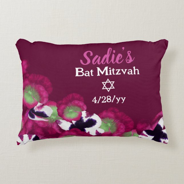 Berry Pink Violet Personalised Bat Mitzvah Floral Decorative Cushion (Front)