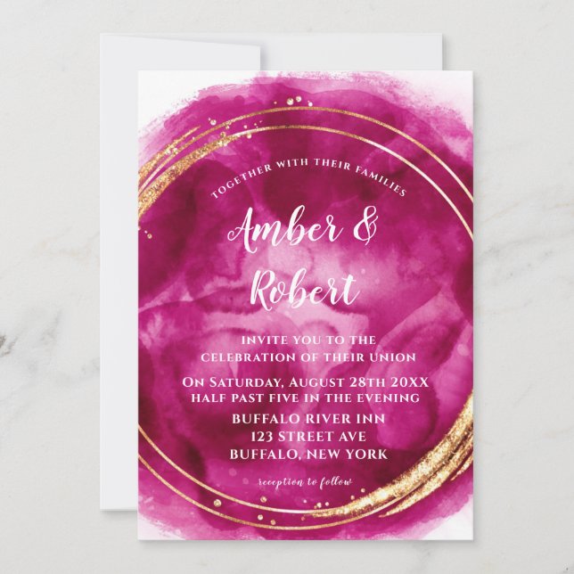 Berry Pink Watercolor Gold Wedding Invitations (Front)