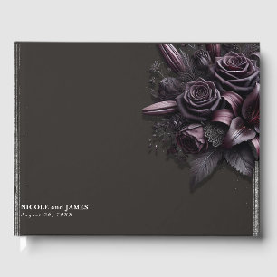 Berry Purple & Black Lily Rose Floral Wedding Guest Book