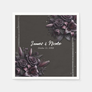 Berry Purple & Black Lily Rose Floral Wedding Napkin