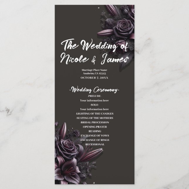 Berry Purple & Black Lily Rose Floral Wedding  Program (Front)