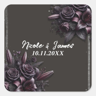 Berry Purple & Black Lily Rose Floral Wedding Square Sticker