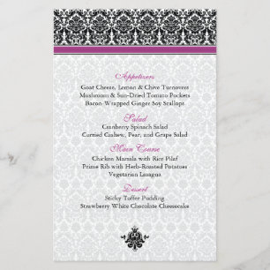 Berry Purple, Black, White Damask Menu Card