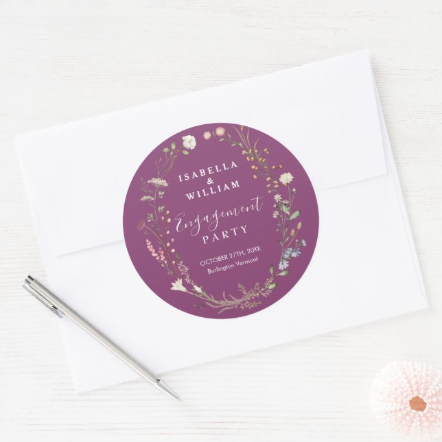 Berry Purple Chic Boho Wildflower Engagement Party Classic Round Sticker (Envelope)