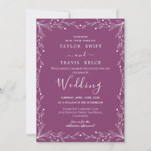 Berry Purple Minimal Leaf Wedding Invitation
