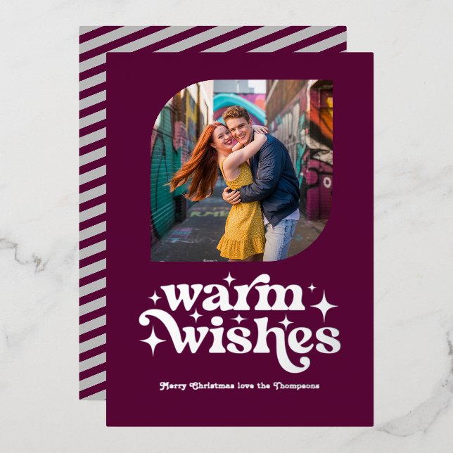 Berry Purple & Silver Modern Retro Christmas Photo Foil Holiday Card (Front/Back)