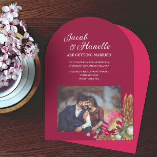 Berry Red, Gold, Beige King Protea Flowers Wedding Invitation