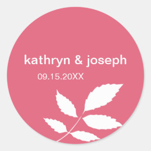 Berry red modern leaves name wedding favour label