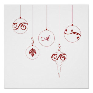 Berry Red Monogram Bauble Christmas Ornaments Poster