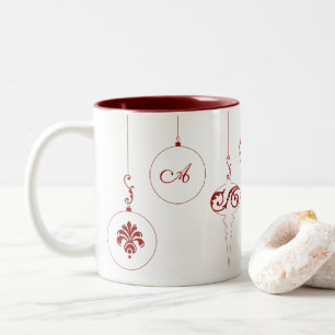 Berry Red Monogram Bauble Ornaments Two-Tone Coffee Mug
