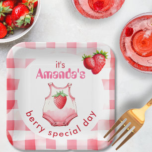 Berry Special Baby Shower Gingham Strawberry Party Paper Plate