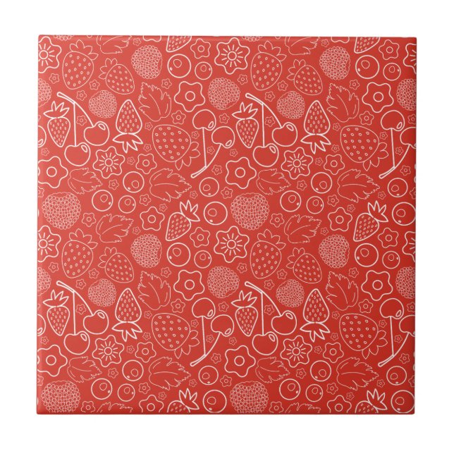 Berry Strawberry Cherry White Hand drawn Modern Ceramic Tile (Front)