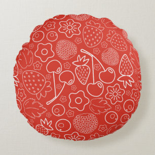 Berry Strawberry Cherry White Hand drawn Modern. Round Cushion
