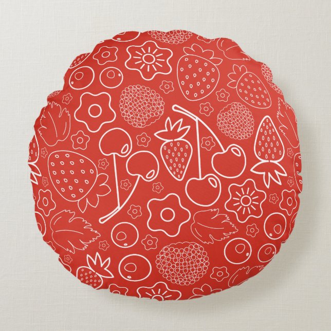Berry Strawberry Cherry White Hand drawn Modern. Round Cushion (Front)