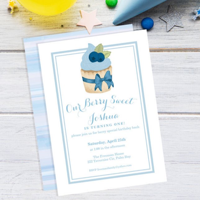 Berry Sweet 1st Birthday Boy Blueberry Cupcake Invitation (Creator Uploaded)