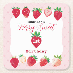 Berry Sweet 1st Birthday Square Paper Coaster