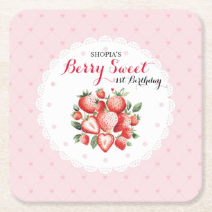Berry Sweet 1st Birthday Square Paper Coaster