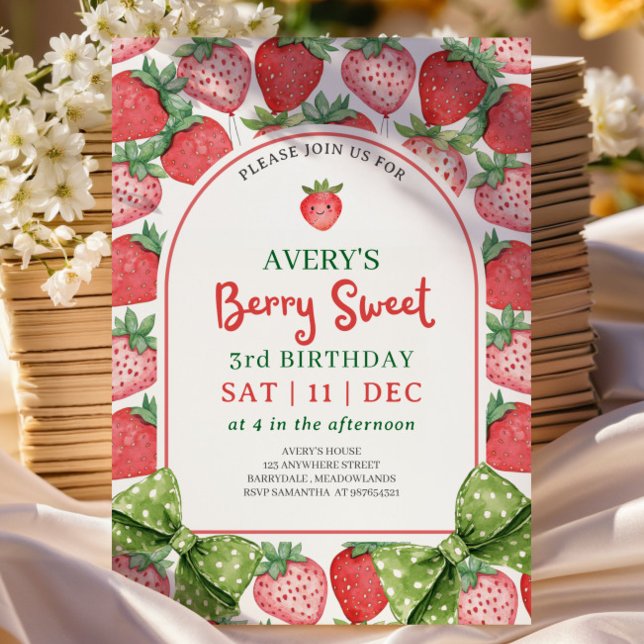 Berry Sweet 3rd Birthday Strawberry Invitation (Creator Uploaded)