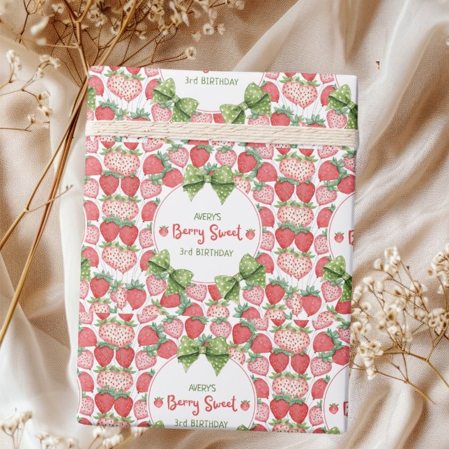 Berry Sweet 3rd Birthday Strawberry Party  Wrapping Paper (Creator Uploaded)