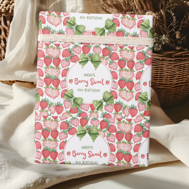 Berry Sweet 4th Birthday Strawberry Party  Wrapping Paper (Creator Uploaded)