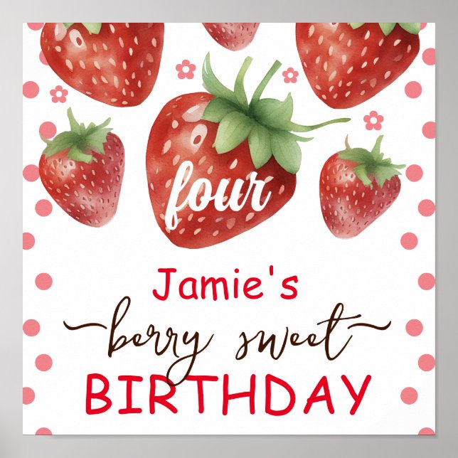 Berry Sweet 4th Birthday Watercolor  Poster (Front)