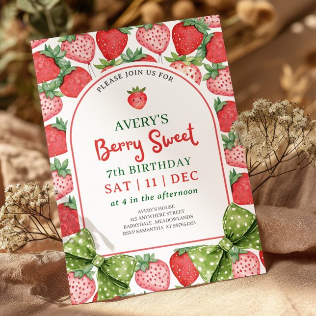 Berry Sweet 7th Birthday Strawberry Invitation (Creator Uploaded)