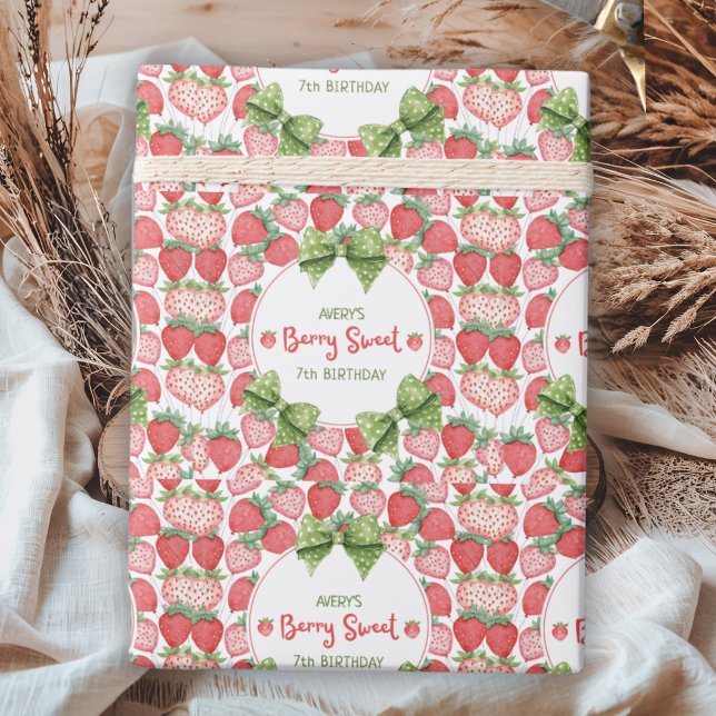 Berry Sweet 7th Birthday Strawberry Party  Wrapping Paper (Creator Uploaded)