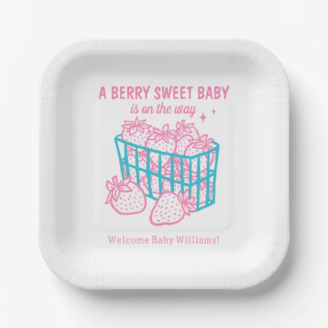Berry Sweet Baby Doodle Pink Strawberry Girl Paper Plate (Front)