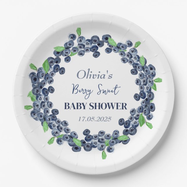 Berry Sweet Baby Shower Blueberry Baby Girl Boy Paper Plate (Front)