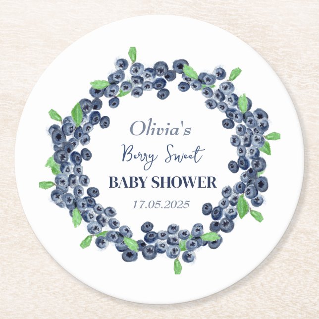 Berry Sweet Baby Shower Blueberry Baby Girl Boy Round Paper Coaster (Front)