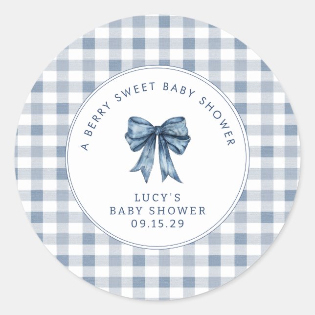 Berry Sweet Baby Shower Blueberry Bow  Classic Round Sticker (Front)