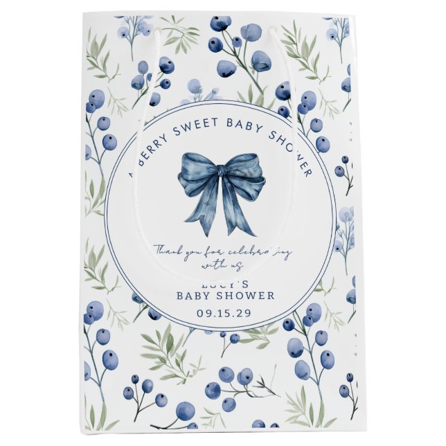 Berry Sweet Baby Shower Blueberry Bow Square  Medium Gift Bag (Front)