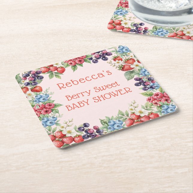 Berry Sweet Baby Shower frame of berries Square Paper Coaster (Angled)