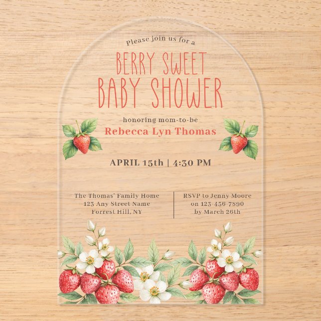 Berry Sweet Baby Shower Strawberries  Acrylic Invitations (Front)