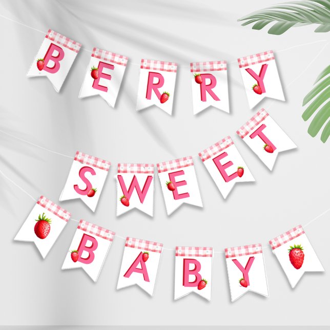 Berry Sweet Baby Shower Strawberry Gingham Pink    Bunting (Berry Sweet Baby Shower New Baby bunting flag strawberry gingham pink red retro vintage picnic decor)