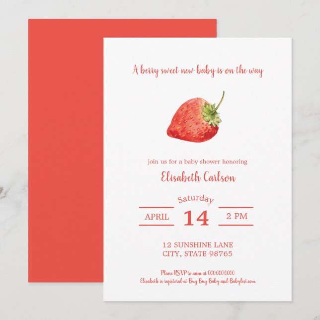 Berry Sweet Baby Shower Strawberry Invitation (Front/Back)